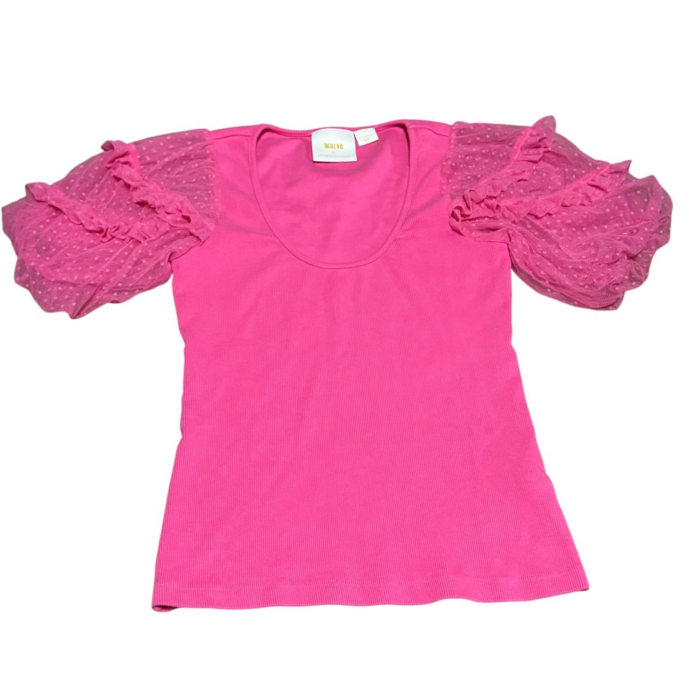 Maeve Anthropologie Pink Ribbed Top Puff Sleeve Ruffle Women's Size XS